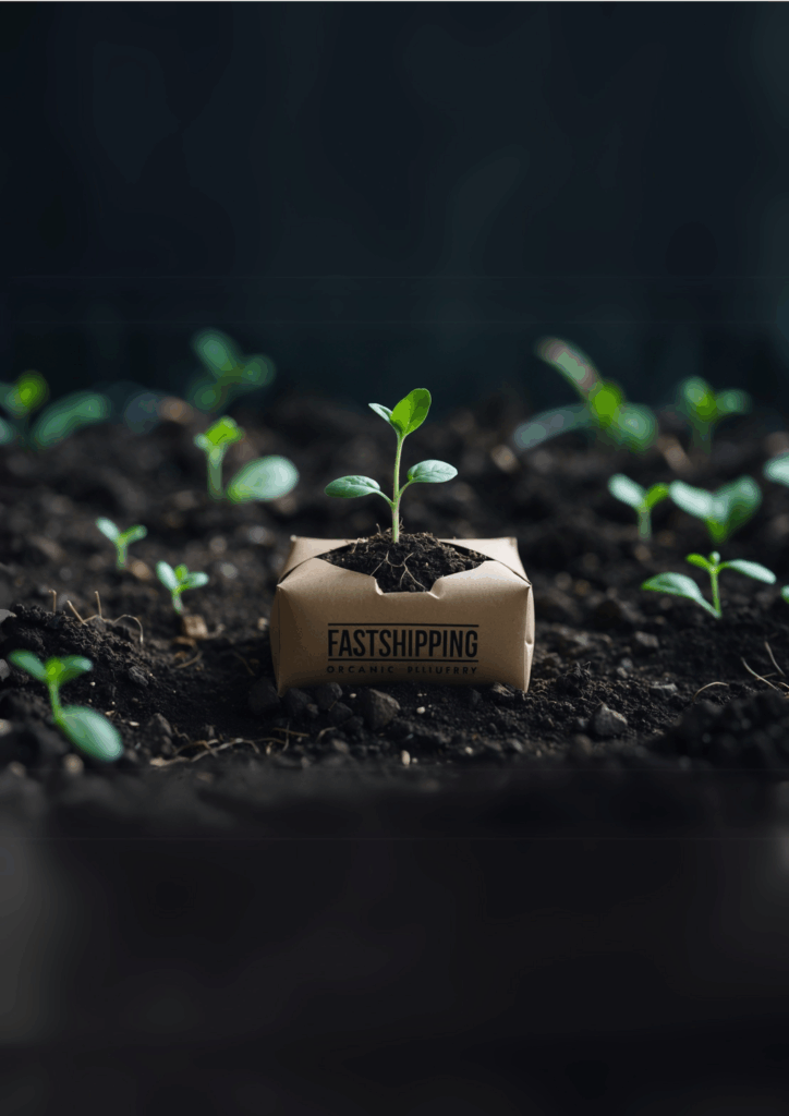 Entrega sostenible: el crecimiento simbolizado por una planta que nace de una caja de envío